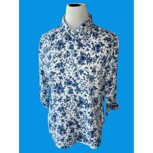 TALBOTS LADIES QUARTER SLEEVE BUTTON FRONT COTTON FLORAL TOP SHIRT TUNIC EUC M